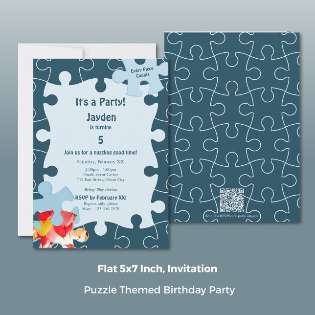 Convite Festa de Aniversário de 5 anos com Tema de Quebra- (Fun Jigsaw Puzzle Themed 5th Birthday Party Invitation, Portrait, Flat 5x7 Inch)
