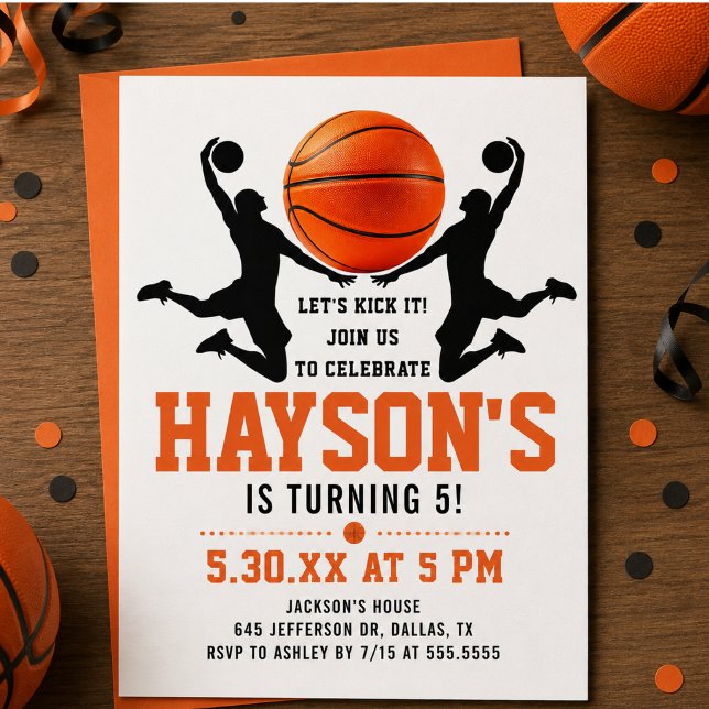 Convite Festa de Aniversário de 5 anos do Menino com Basqu (orange basketball Boy 5TH Birthday Party Invitation)
