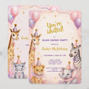 Convite Festa de Aniversário de 5 anos Pink Glam Safari