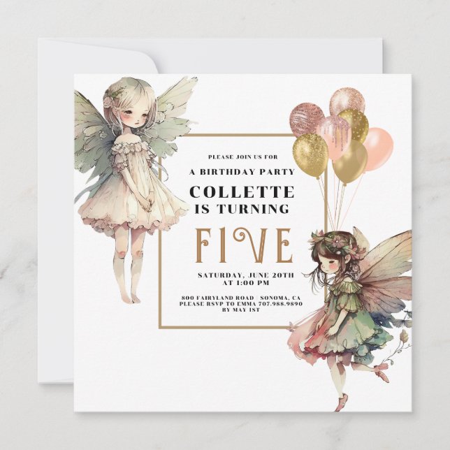 Convite Festa de aniversário de 5 da Anime Fairy Girl (Frente)
