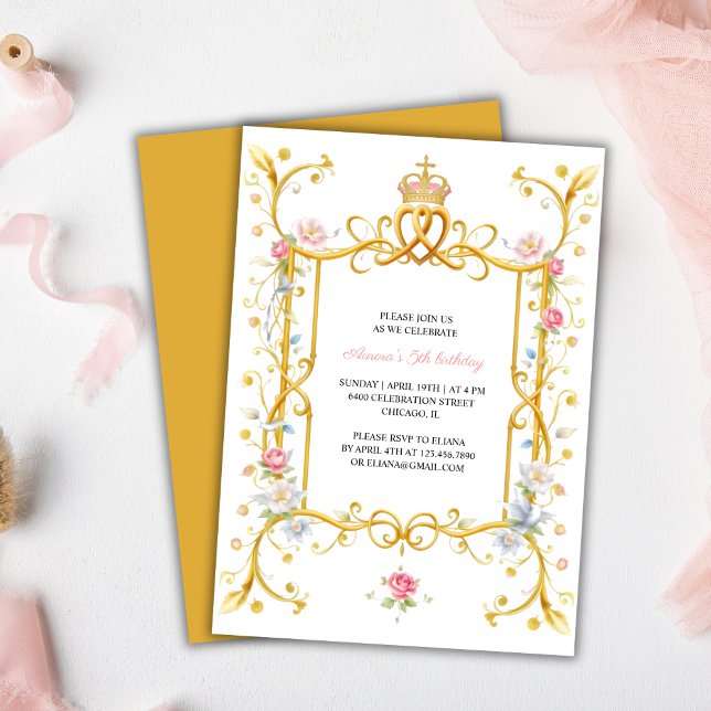 Convite Festa de aniversário de 5 da Princesa Real Elegant (Elegant Royal Princess Girl 5th Birthday Party Invitation)