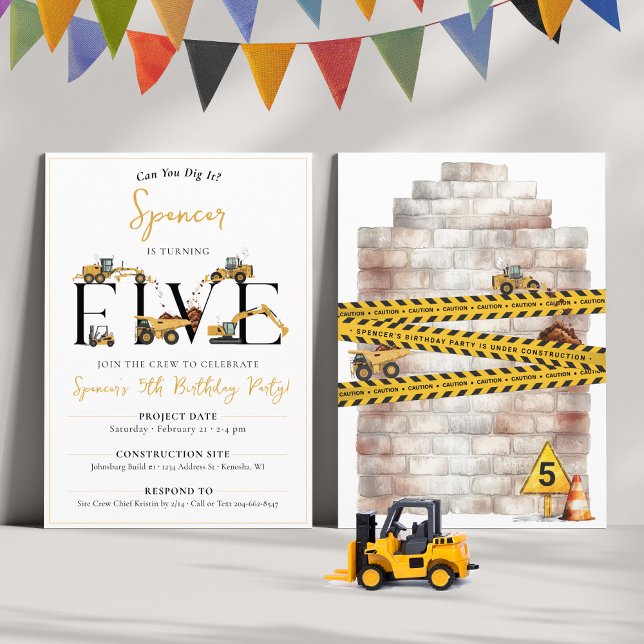 Convite Festa de aniversário de 5 de Bomba de Construção e (Boys fun construction theme party dump trucks digger join the crew FIVE 5th birthday invitation)