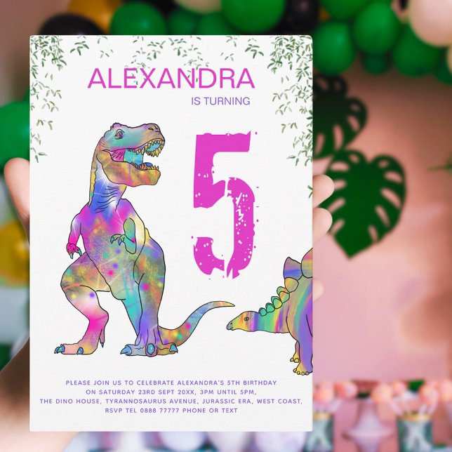 Convite Festa de aniversário de 5 de Dinossauro para Menin (Girls pink dinosaur 5th birthday party invitation )