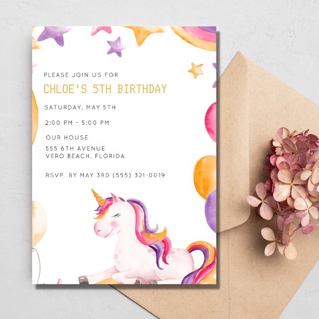Convite Festa de aniversário de 5 de Garotos Unicorn (Unicorn Kids Girl 5th Birthday Party Invitation)