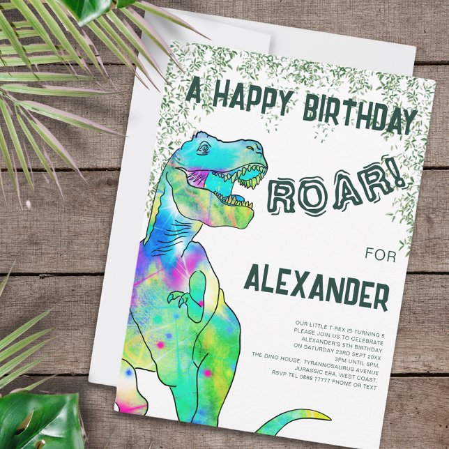 Convite Festa de aniversário de 5 do Dinossaur Roar (Dinosaur 5th birthday party invitation with colorful t-rex roar and Jurassic jungle )