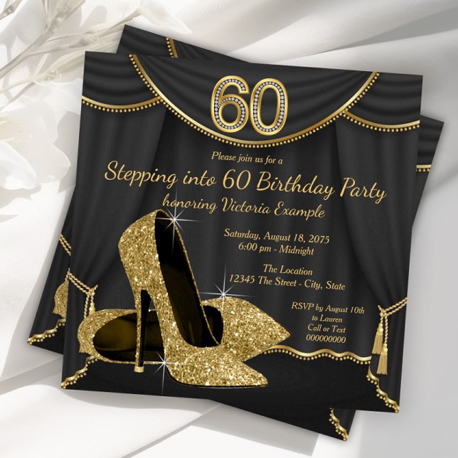 Convite Festa de Aniversário de 60 anos 'Black Gold Shoe' (Woman stepping into 60 high birthday party invitation with gold high heel shoes. )