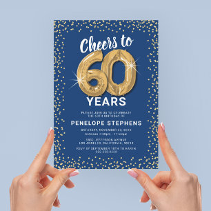 Convite Festa de Aniversário de 60 anos Blue Gold Glitter
