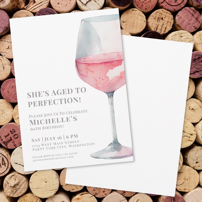 Convite Festa de Aniversário de 60 Anos com Vinho Rosado S (Wine Simple Sixty 60th Birthday Party Invitation )