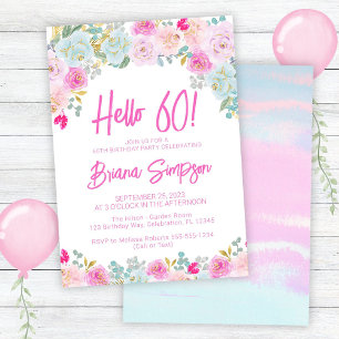 Convite Festa de Aniversário de 60 anos Floral Rosa Azul P
