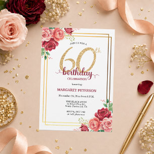 Convite Festa de Aniversário de 60 anos Floral Rosa Elegan