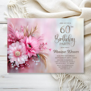 Convite Festa de Aniversário de 60 Anos Floral Rosa Elegan