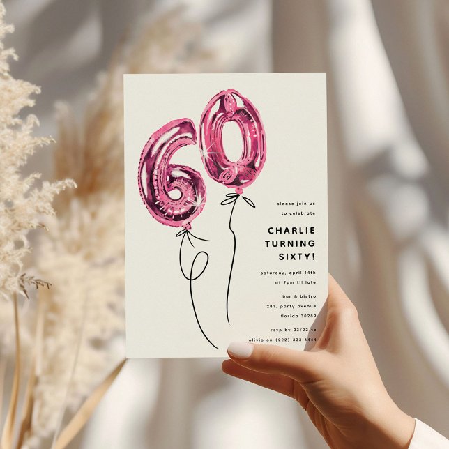 Convite Festa de Aniversário de 60 Anos Minimal Rosa Balão (Criador carregado)