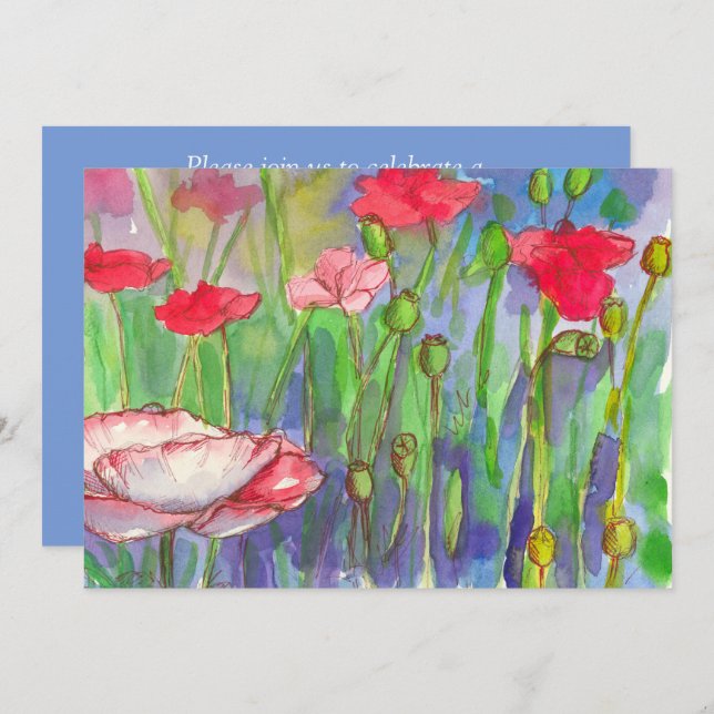 Convite Festa de Aniversário de 60 anos Papoulas Vermelhas (Frente/Verso)