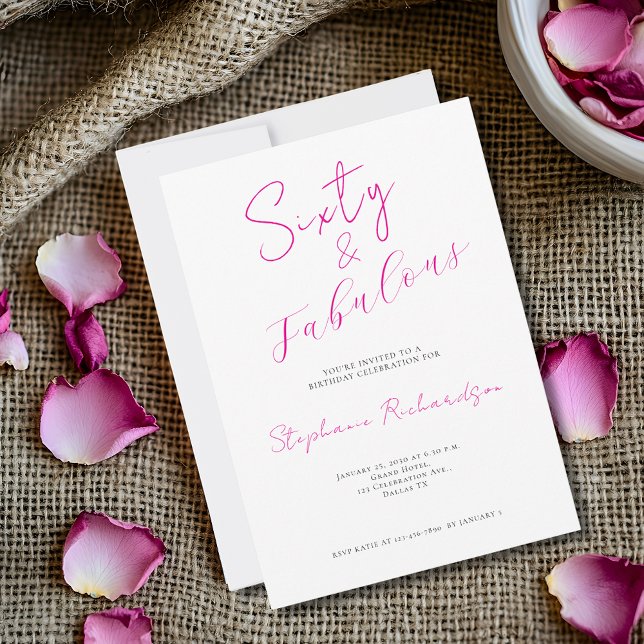 Convite Festa de Aniversário de 60 Anos Pink Script Sixty  (Celebrate a 60th birthday event  with this 5" x 7" invitation)