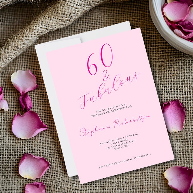 Convite Festa de Aniversário de 60 anos Pink Script Sixty  (Edit your event details via the template. Invitation size shown is 5" x 7")
