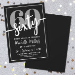 Convite Festa de Aniversário de 60 Anos Preta Moderna<br><div class="desc">Apresentando um convite de festa de 60 anos simples e moderno, perfeito para celebrar esse marco com estilo. O design elegante apresenta um fundo preto ousado com um grande "60" em cinza no topo. Logo abaixo, "Sessenta" é escrito de forma linda em caligrafia cursiva branca, adicionando um toque divertido e...</div>