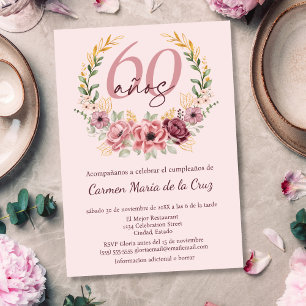 Convite Festa de Aniversário de 60 Anos Rosa Espanhol Flor