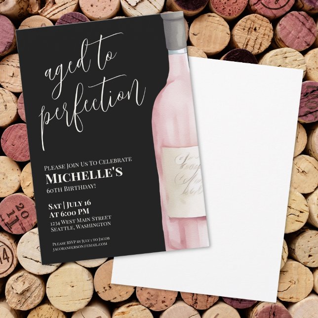 Convite Festa de Aniversário de 60 anos Wine Black Pink (Wine Sixty 60th Birthday Party Invitation)