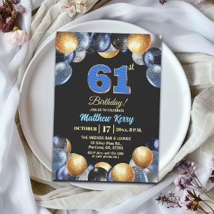 Convite Festa de Aniversário de 61 anos Azul Prata Dourado