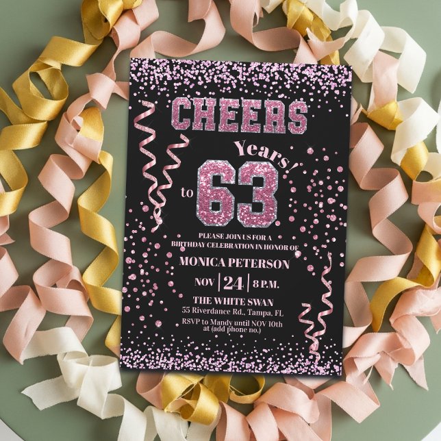 Convite Festa de Aniversário de 63 anos com Brilho Rosa (Criador carregado)