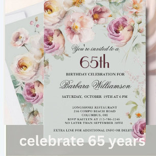 Convite Festa de Aniversário de 65 Anos com Floral Pintado