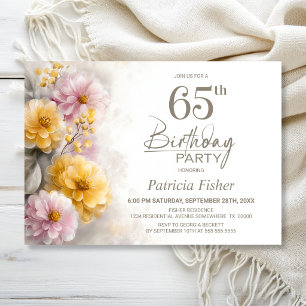 Convite Festa de Aniversário de 65 anos com Flores Rosa e