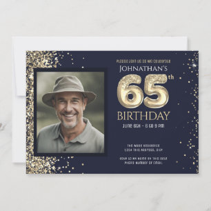 Convite Festa de Aniversário de 65 anos com Foto Azul Bril