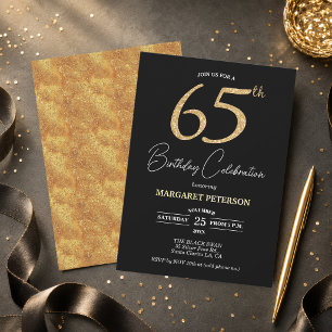 Convite Festa de Aniversário de 65 anos Elegante Preto com