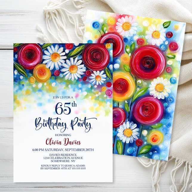 Convite Festa de Aniversário de 65 Anos Floral Colorida (Criador carregado)