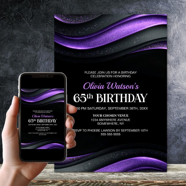 Convite Festa de Aniversário de 65 Anos Preta e Roxa Moder (Criador carregado)