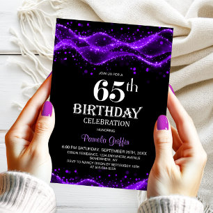Convite Festa de Aniversário de 65 Anos Preta e Roxa Moder