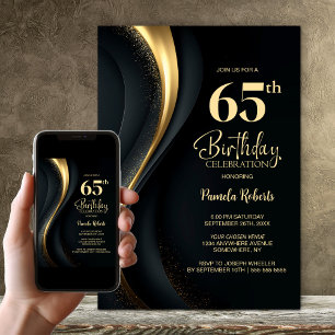 Convite Festa de Aniversário de 65 anos Preto e Dourado