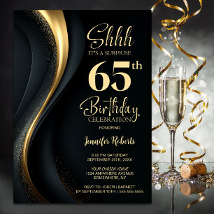 Convite Festa de Aniversário de 65 Anos Surpresa Preta e D