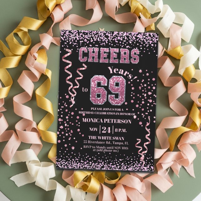 Convite Festa de Aniversário de 69 anos com Brilho Rosa (Criador carregado)