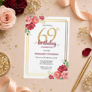 Convite Festa de Aniversário de 69 anos Elegante Blush Dou