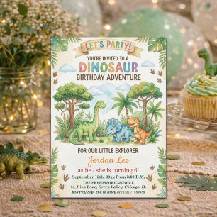 Convite Festa de Aniversário de 6 anos Dinossauros Aquarel