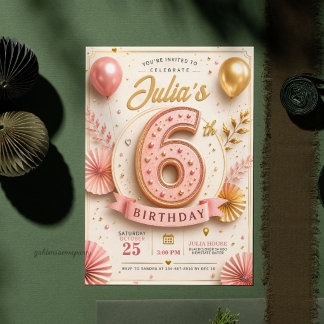 Convite Festa de Aniversário de 6 Anos em Rosa Elegante Do