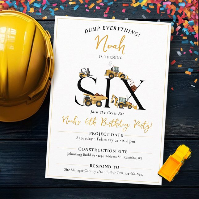 Convite Festa de aniversário de 6 de Bombeiros de Construç (Cute construction trucks theme funny SIX boys 6th birthday party invitation, dump everything, digger)