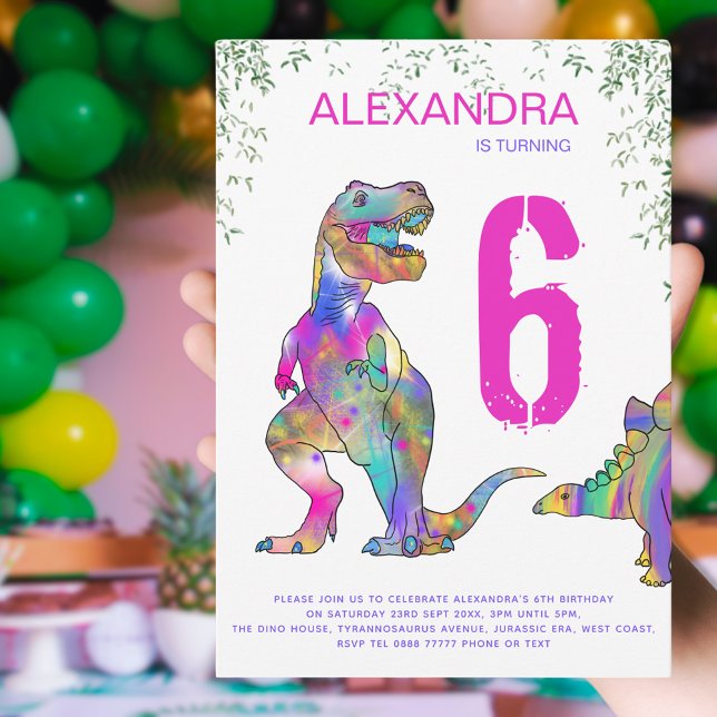 Convite Festa de aniversário de 6 de dinossauro para rapar (Colorful dinosaur girls 6th birthday party invitation T-Rex and stegosaurus & bright pink typography)