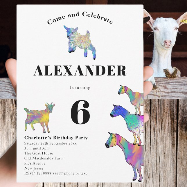 Convite Festa de aniversário de 6 de Goat Themed (Cute goats colorful watercolor farm animal art 6th birthday party invitation)