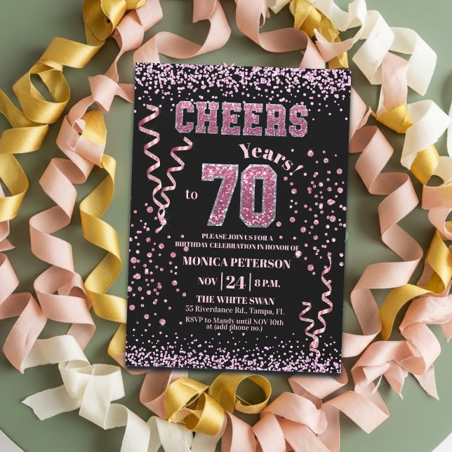 Convite Festa de Aniversário de 70 anos com Brilho Rosa  (Criador carregado)