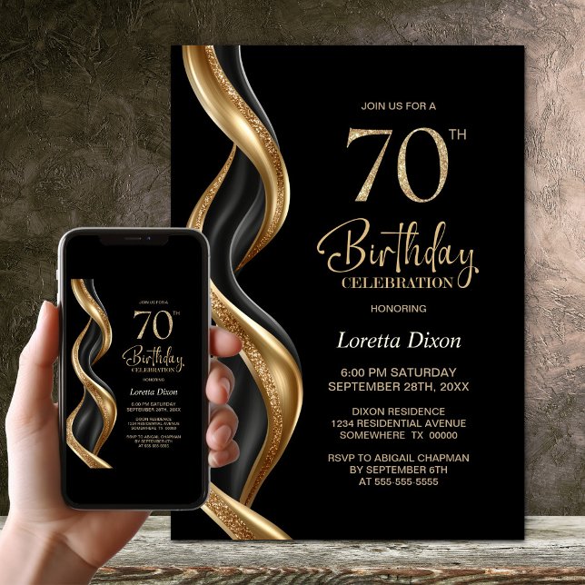 Convite Festa de Aniversário de 70 Anos com Estilo Preto e (Criador carregado)
