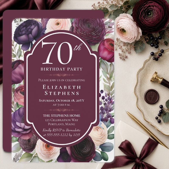 Convite Festa de Aniversário de 70 anos com Ranúnculo de V (Rich wine and plum ranunculus create an elegant floral 70th birthday celebration.)
