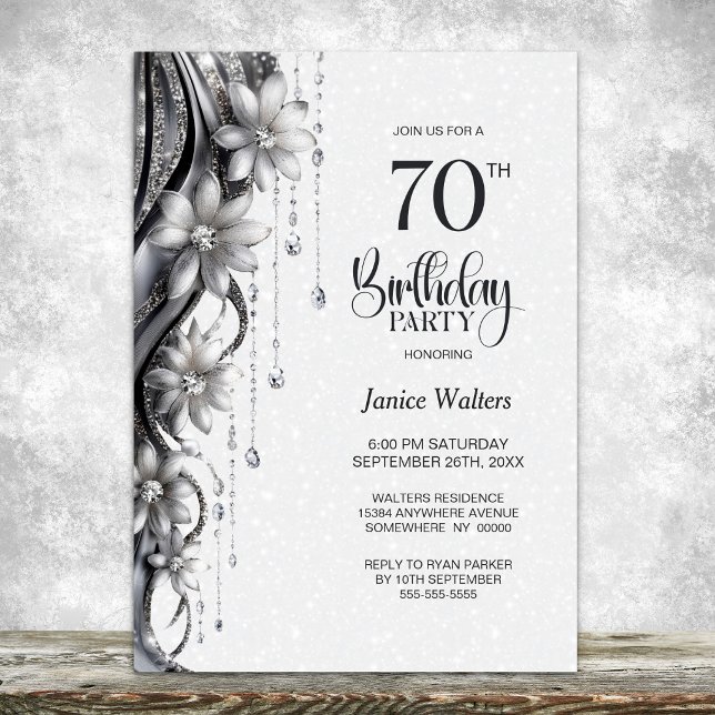 Convite Festa de Aniversário de 70 anos Flores e Diamantes (Criador carregado)