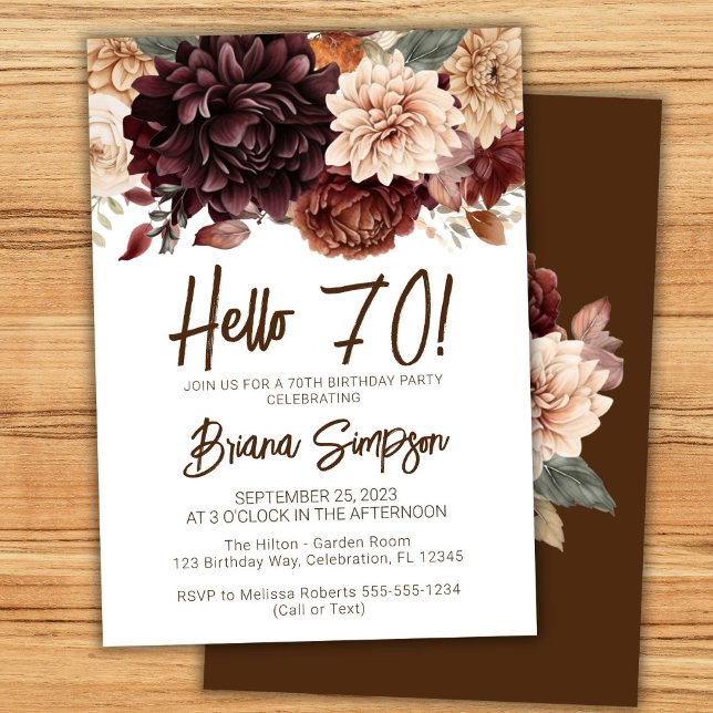 Convite Festa de Aniversário de 70 Anos Flores Marrom Bege (Criador carregado)