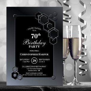 Convite Festa de Aniversário de 70 anos Preto e Cinza Geom