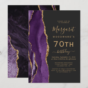 Convite Festa de Aniversário de 70 anos Purple Gold Agate 