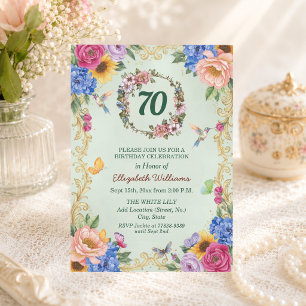 Convite Festa de Aniversário de 70 anos Royal Gold Floral