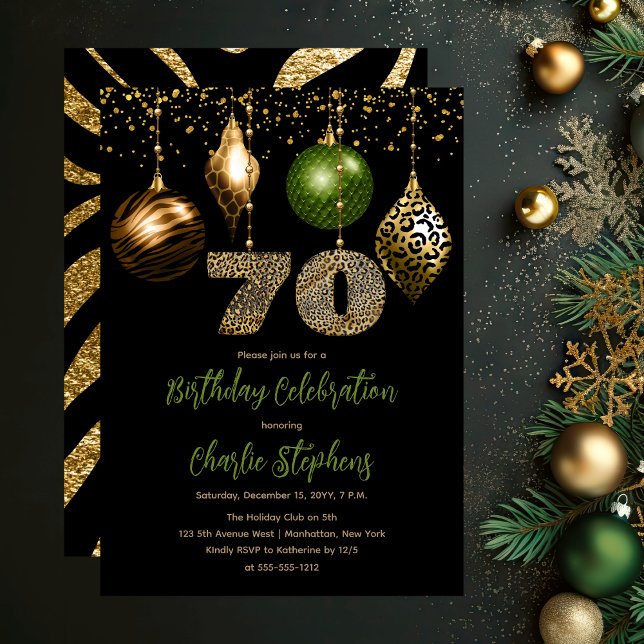 Convite Festa de aniversário de 70 de Balas de Animais Tro (Glamorous Tropical Animal Print Baubles 70th Birthday Party Invitation in Black, Gold & Olive Green)