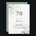 Convite Festa de aniversário de 70 de Caligrafia Eucalyptu<br><div class="desc">Este convite de aniversário de 70 de eucalipto de ouro é perfeito para uma festa de aniversário rústica. Este design artístico apresenta a aquarela desenhada à mão,  ouro e folhagem verde,  inspirando beleza natural.</div>
